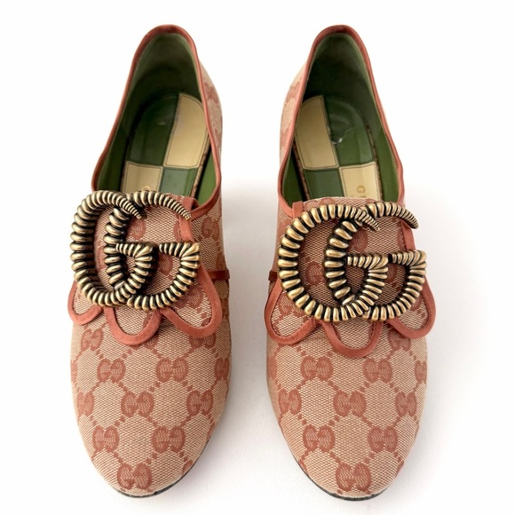 GUCCI || Rare GG Torchon Logo Canvas Monogram Pumps Copper Trim Heels EU 40 - Picture 5 of 16